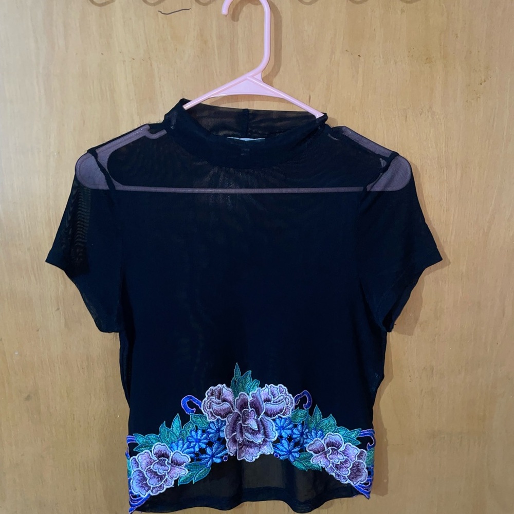 Charlotte Russe Black Mesh Floral Embroidered Top